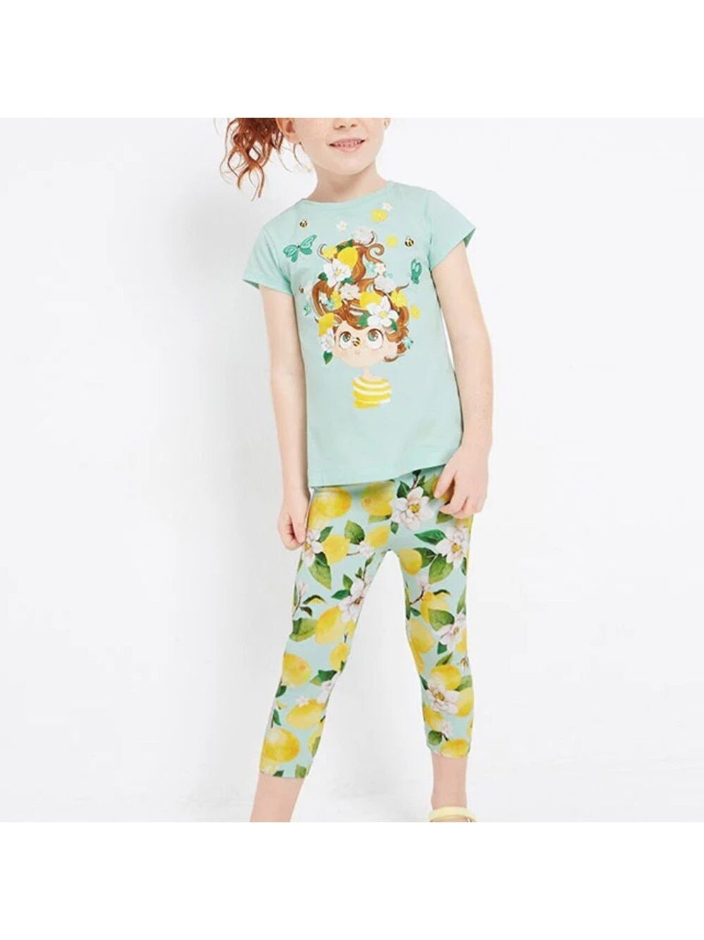 Size 4 Girls Mayoral Mint Green Pajama Set with Yellow Lemon Leggings